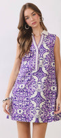 TCEC - CD07234-Ornate Tile Print Shift Mini Collared Dress: Purple / L