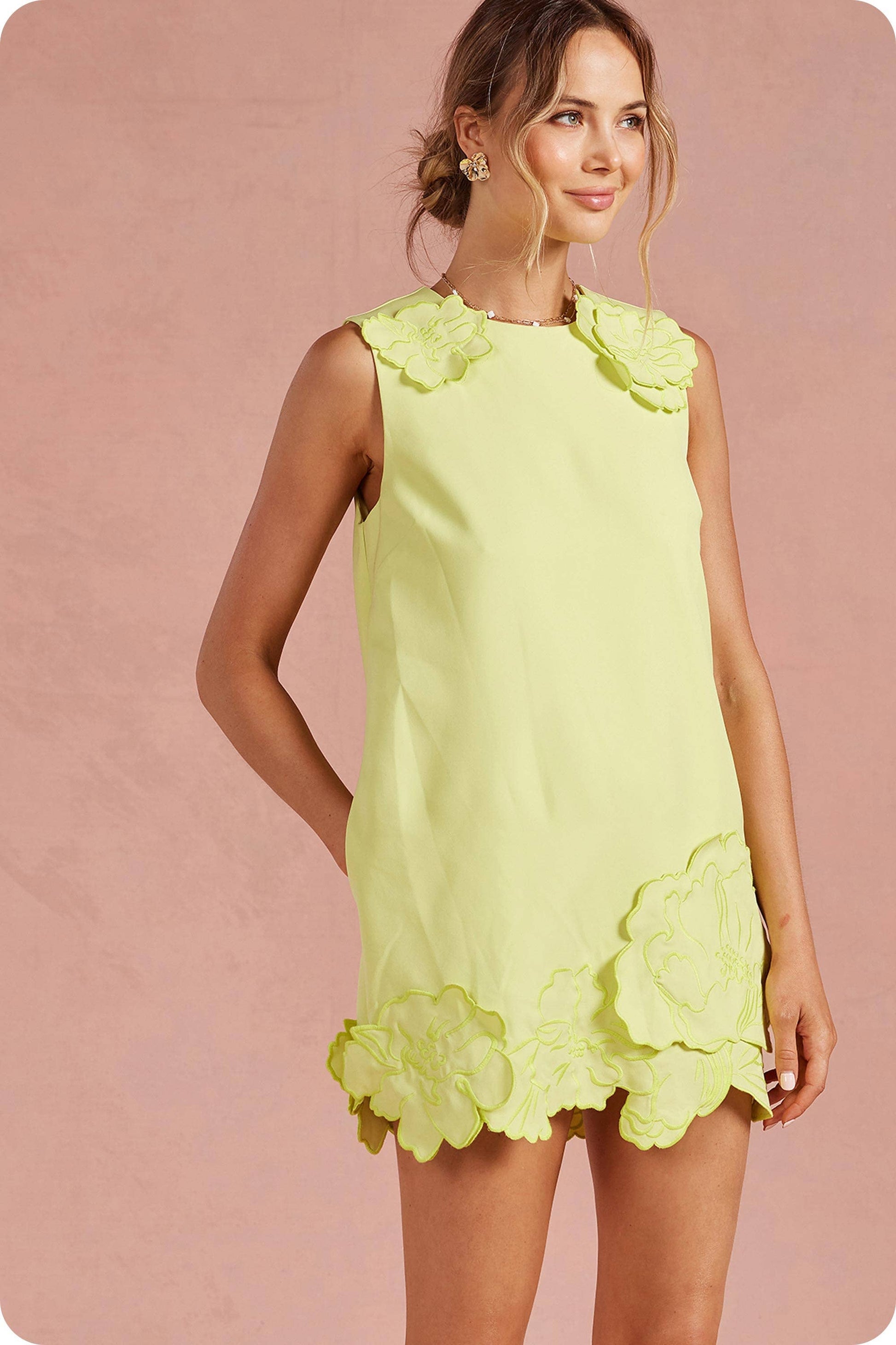 Strut & Bolt - 3D Floral Appliqué Sleeveless Shift Mini Dress: Chartreuse / S