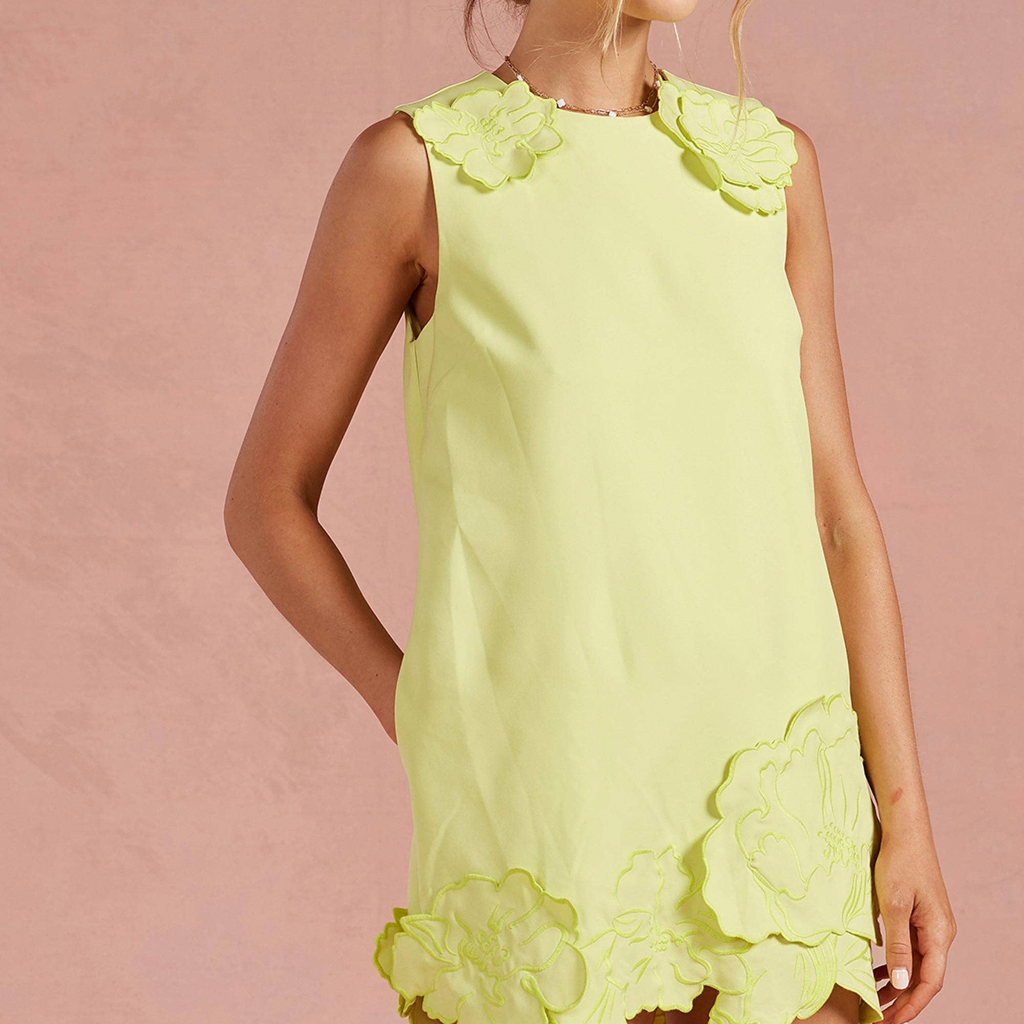 Strut & Bolt - 3D Floral Appliqué Sleeveless Shift Mini Dress: Chartreuse / M