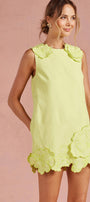 Strut & Bolt - 3D Floral Appliqué Sleeveless Shift Mini Dress: Chartreuse / M
