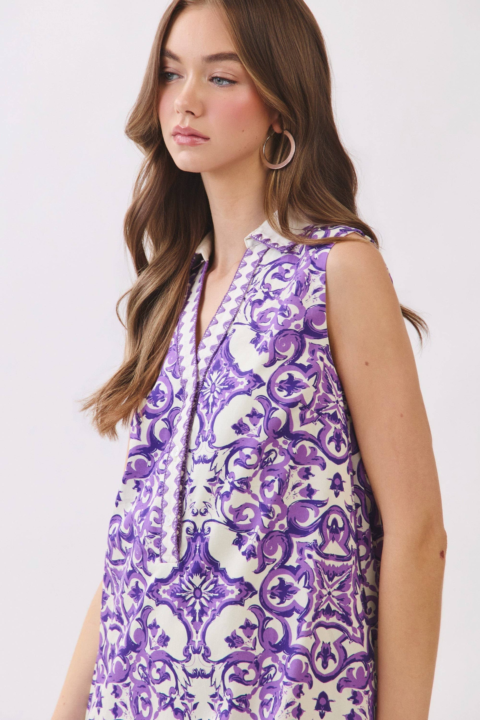 TCEC - CD07234-Ornate Tile Print Shift Mini Collared Dress: Purple / L