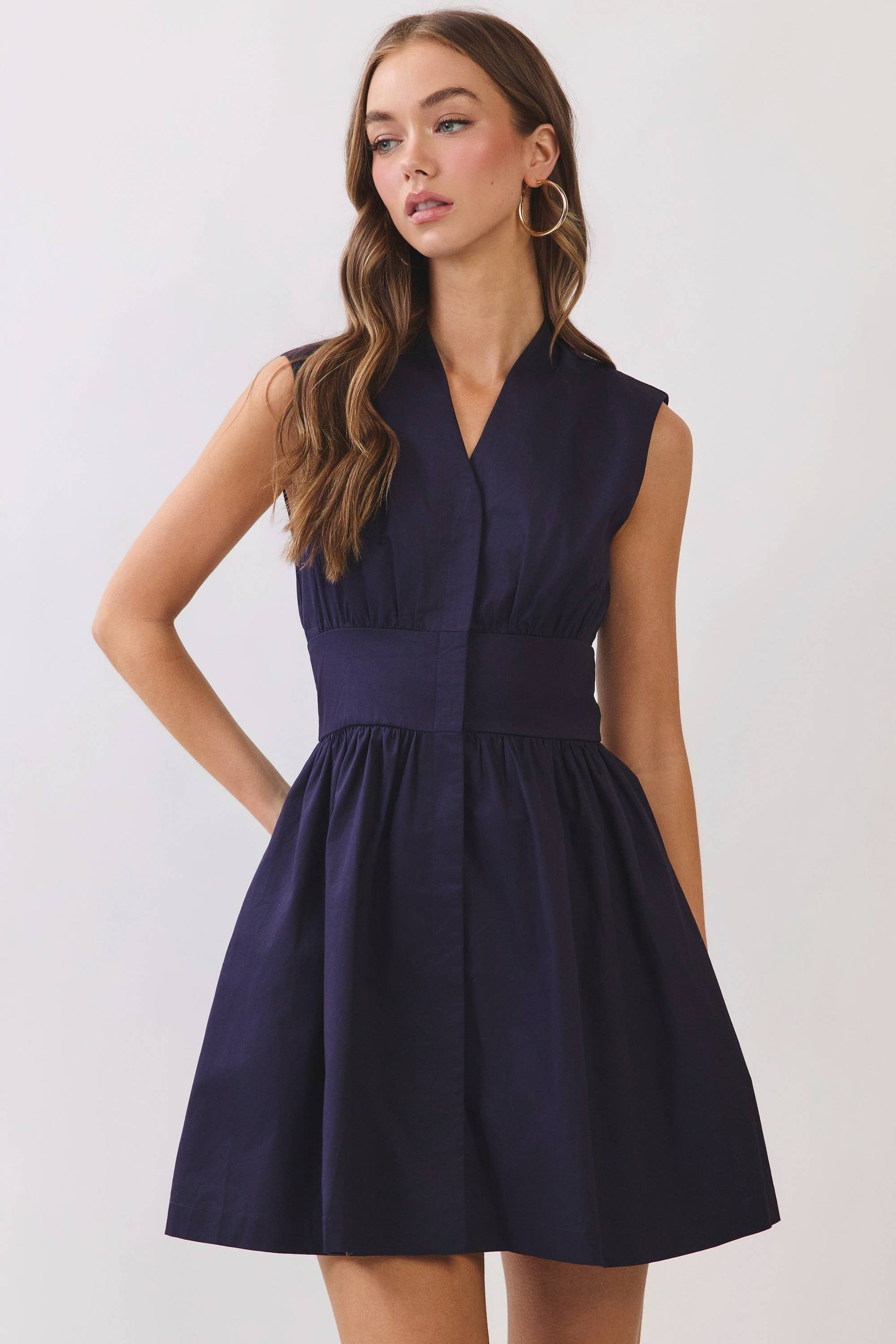 TCEC - CD07317-Sleeveless Fit & Flare Waist Belt Mini Dress: NAVY / L