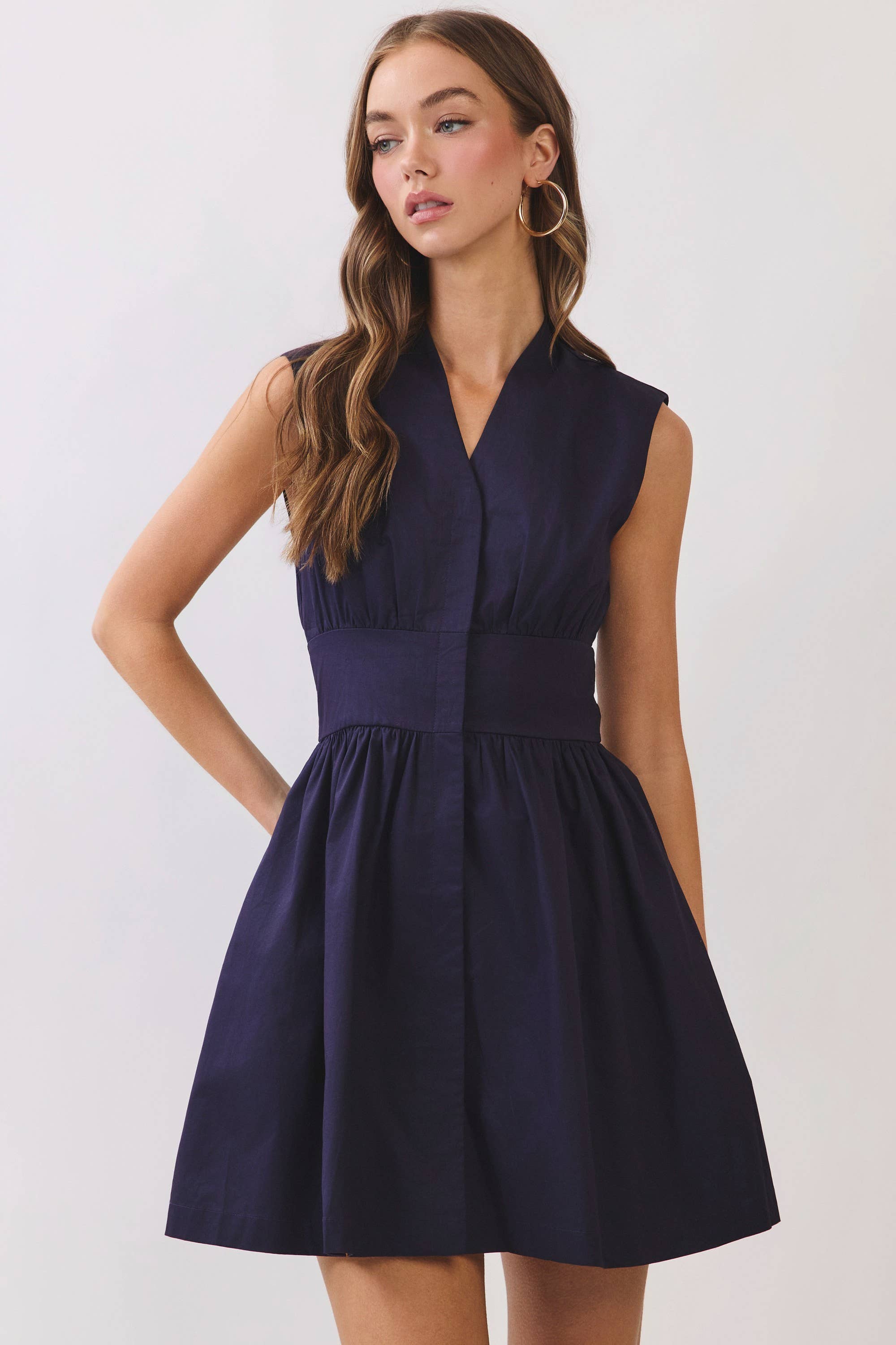 TCEC - CD07317-Sleeveless Fit & Flare Waist Belt Mini Dress: NAVY / M