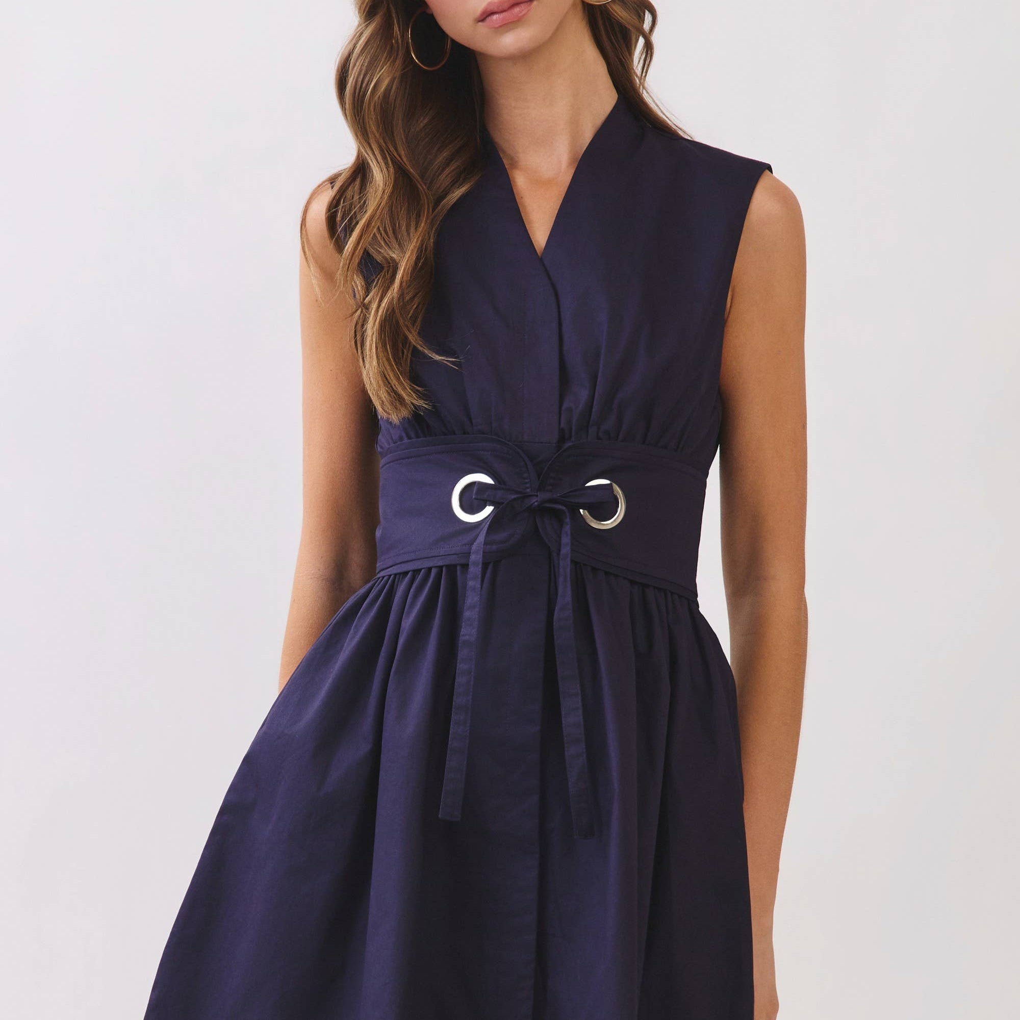 TCEC - CD07317-Sleeveless Fit & Flare Waist Belt Mini Dress: NAVY / L