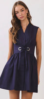 TCEC - CD07317-Sleeveless Fit & Flare Waist Belt Mini Dress: NAVY / M