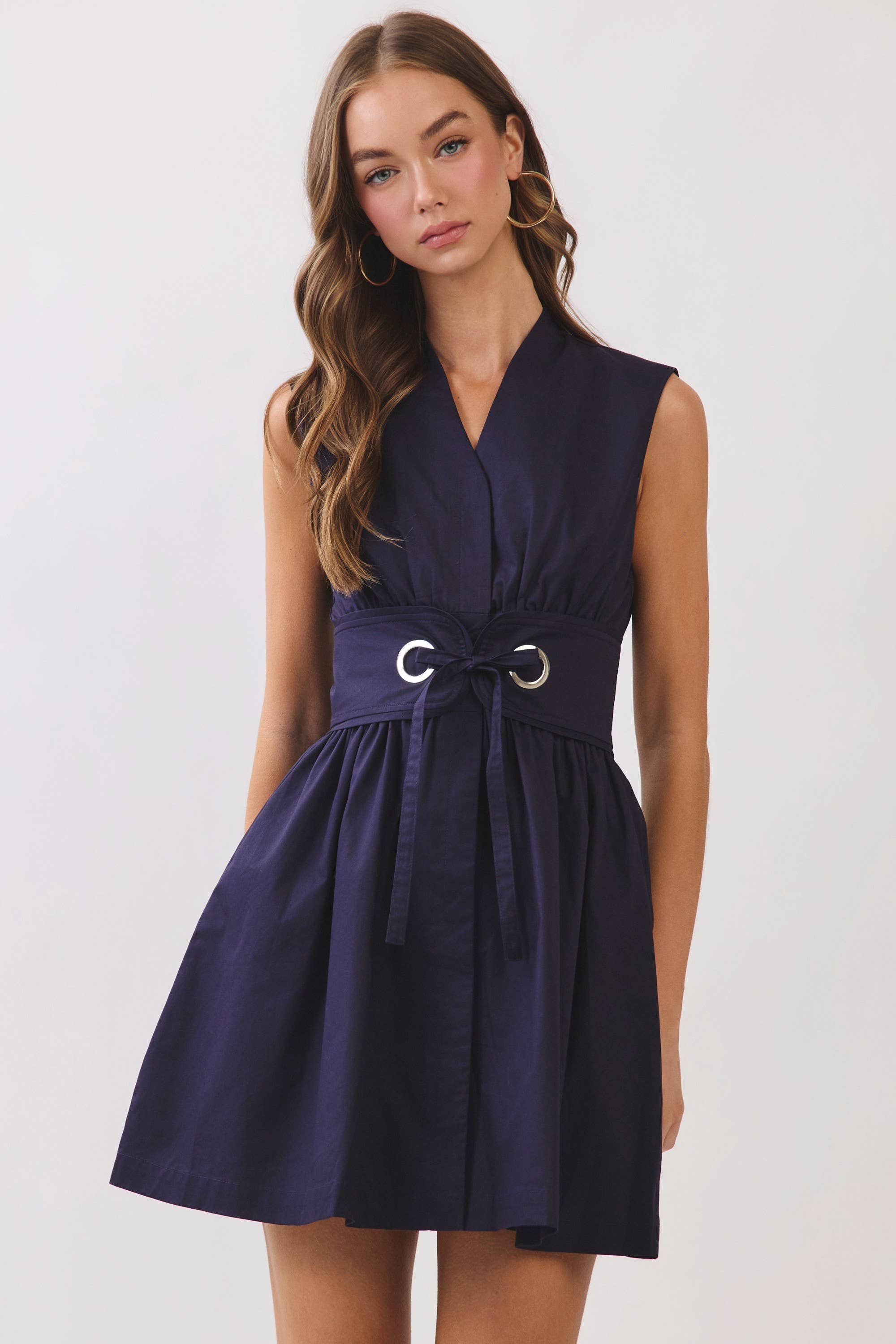 TCEC - CD07317-Sleeveless Fit & Flare Waist Belt Mini Dress: NAVY / M