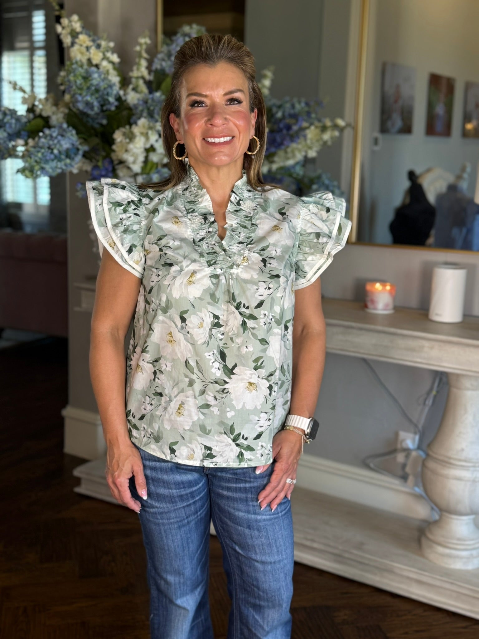 Carrie Floral Top-Gray