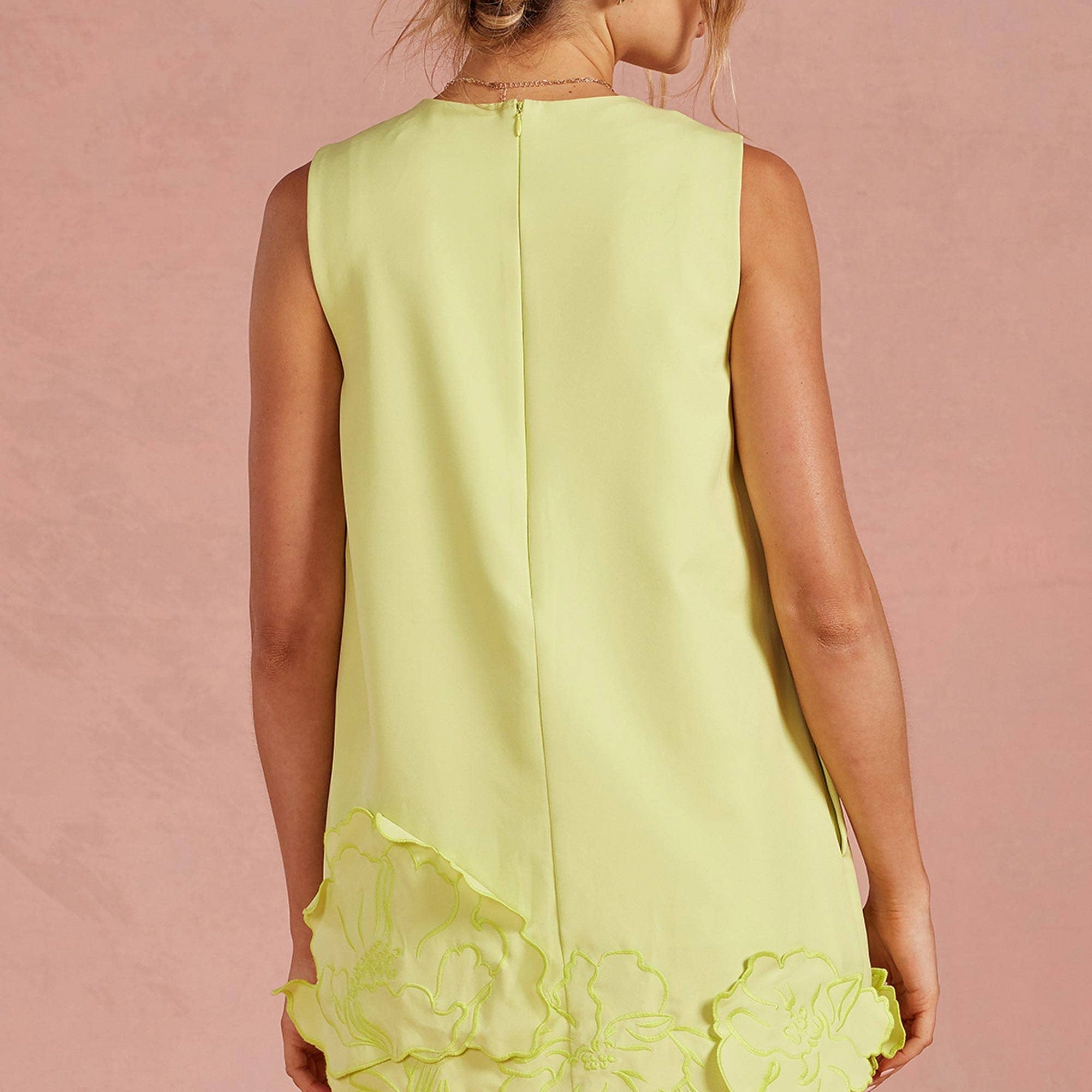 Strut & Bolt - 3D Floral Appliqué Sleeveless Shift Mini Dress: Chartreuse / L