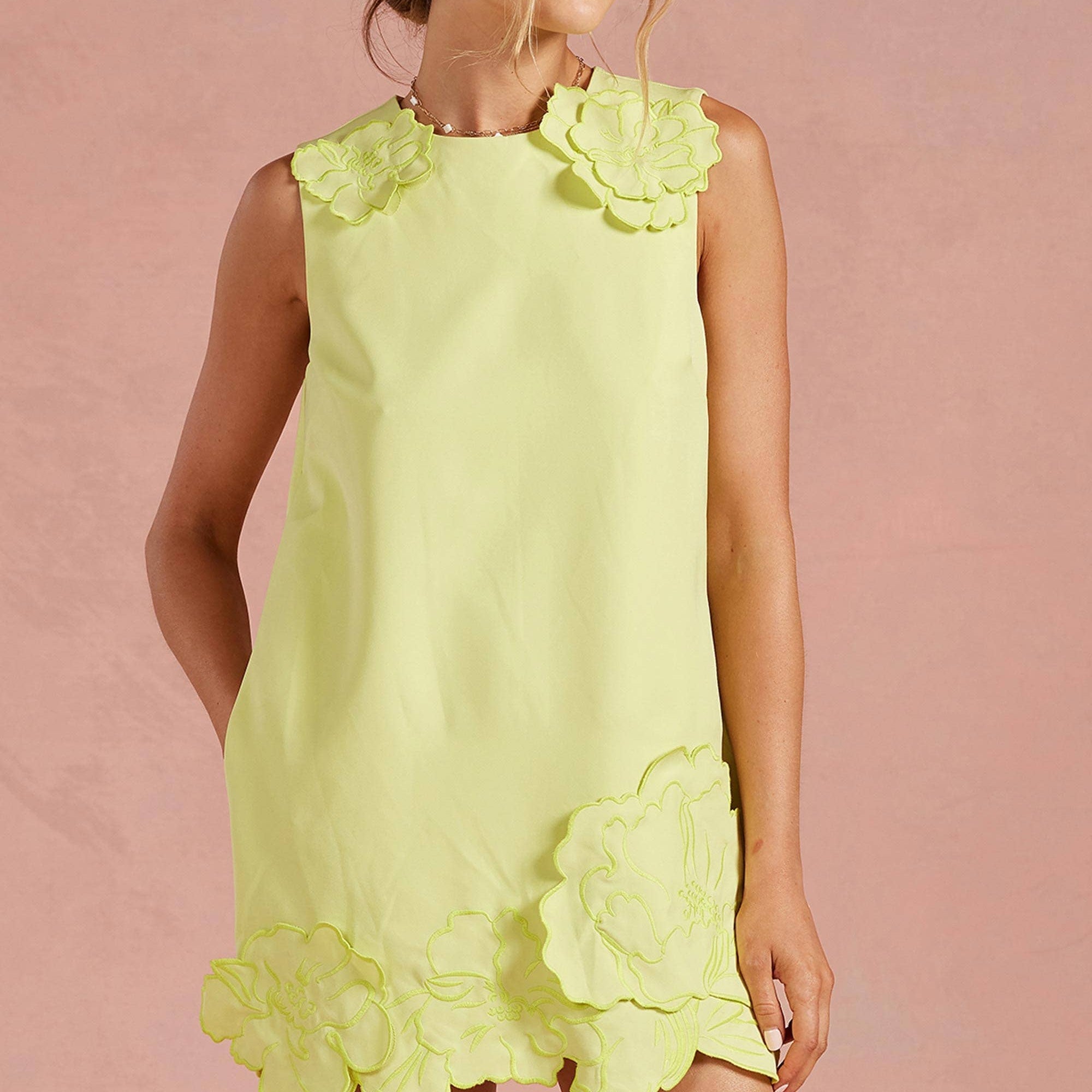 Strut & Bolt - 3D Floral Appliqué Sleeveless Shift Mini Dress: Chartreuse / S