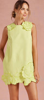 Strut & Bolt - 3D Floral Appliqué Sleeveless Shift Mini Dress: Chartreuse / S
