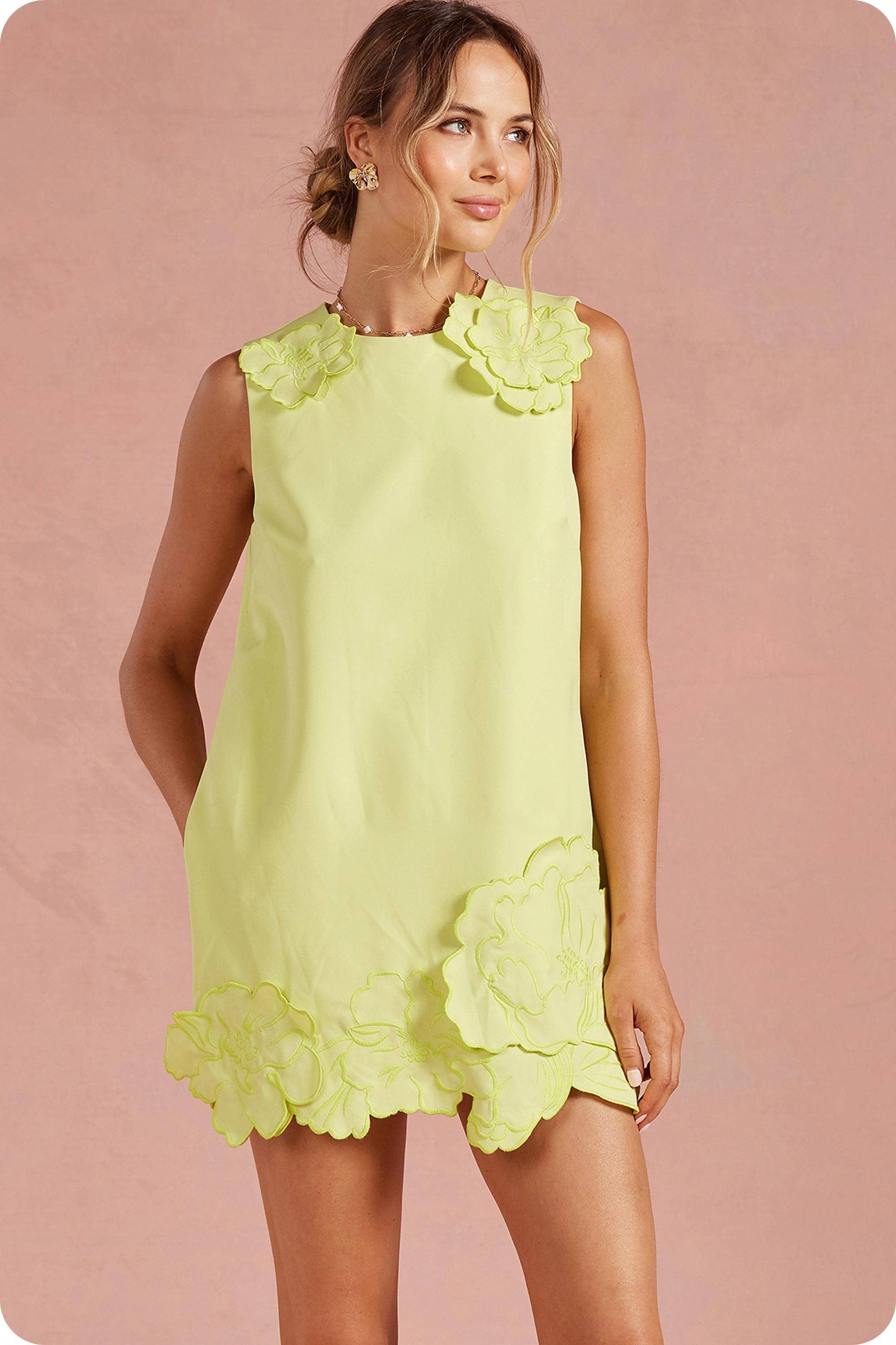 Strut & Bolt - 3D Floral Appliqué Sleeveless Shift Mini Dress: Chartreuse / M