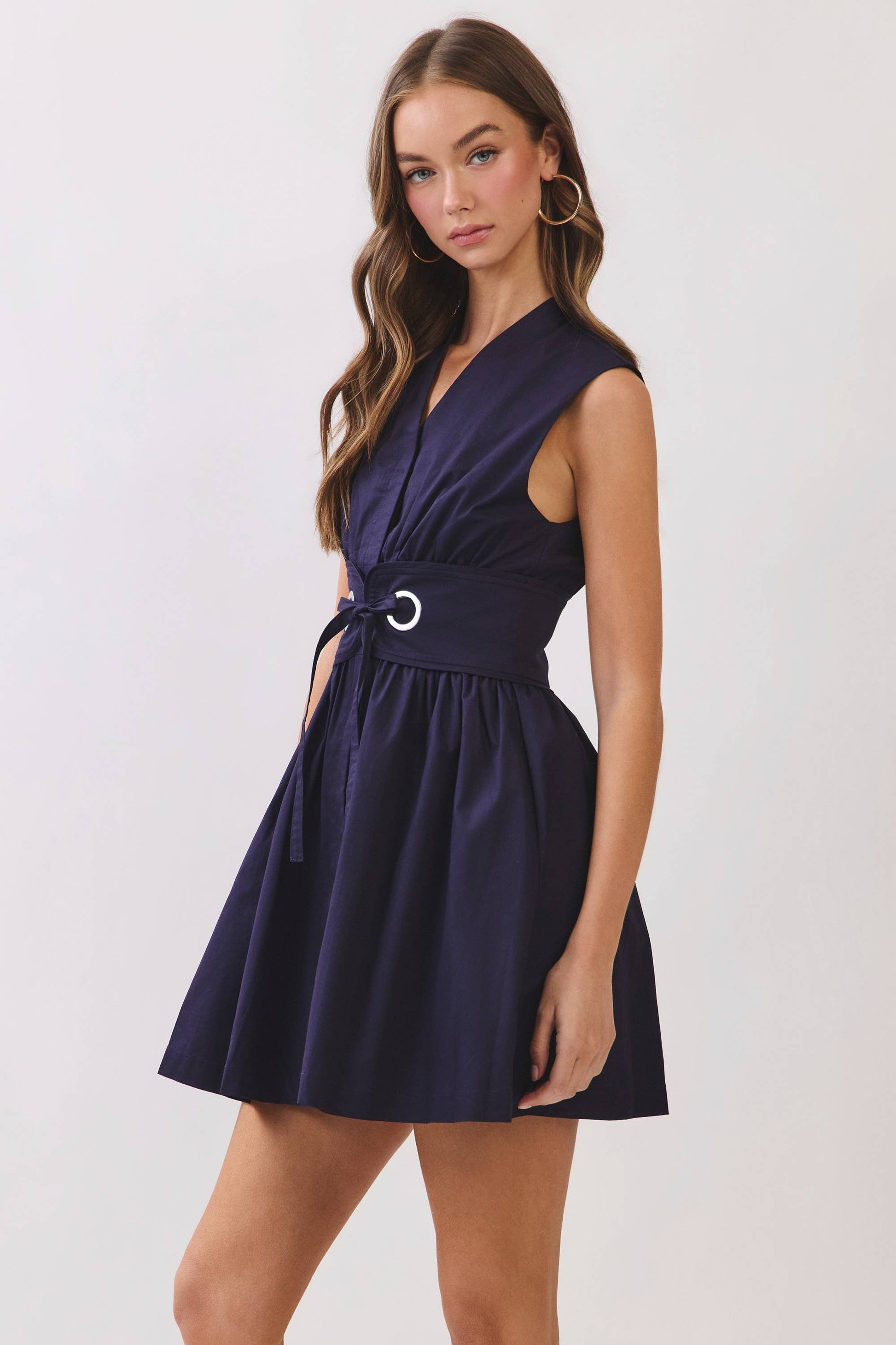 TCEC - CD07317-Sleeveless Fit & Flare Waist Belt Mini Dress: NAVY / S