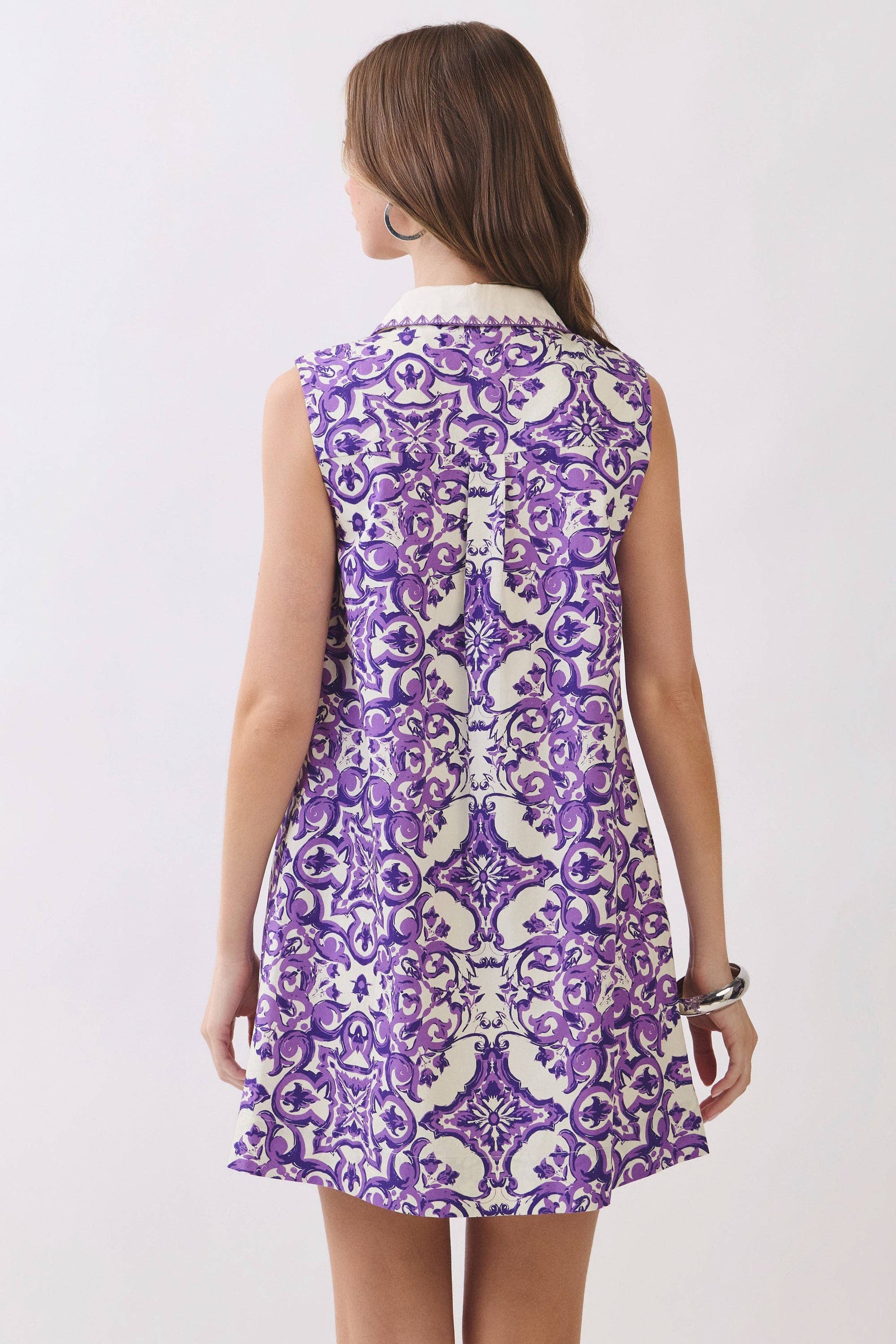 TCEC - CD07234-Ornate Tile Print Shift Mini Collared Dress: Purple / M